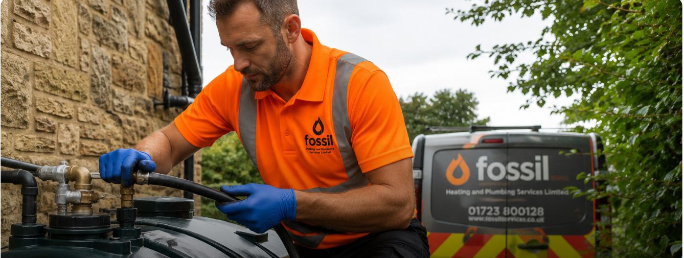 Fossil Heating engineer connecting a hose to a domestic oil tank beside a branded van