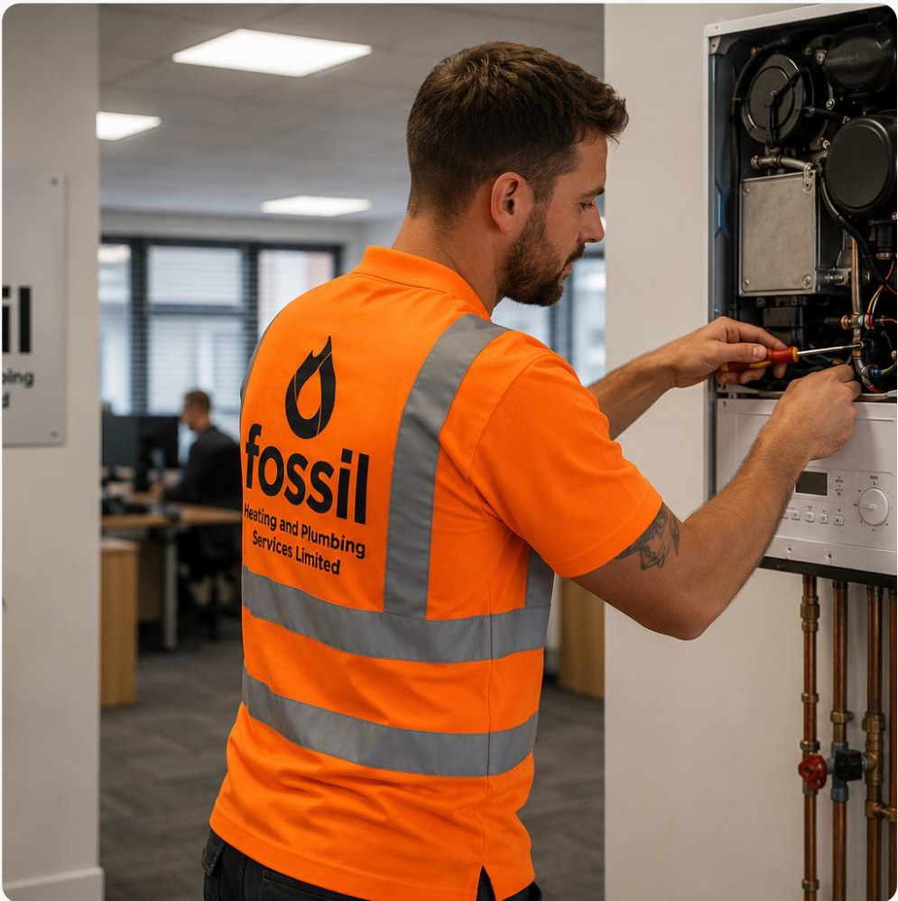 Fossil Heating engineer working on a commercial boiler